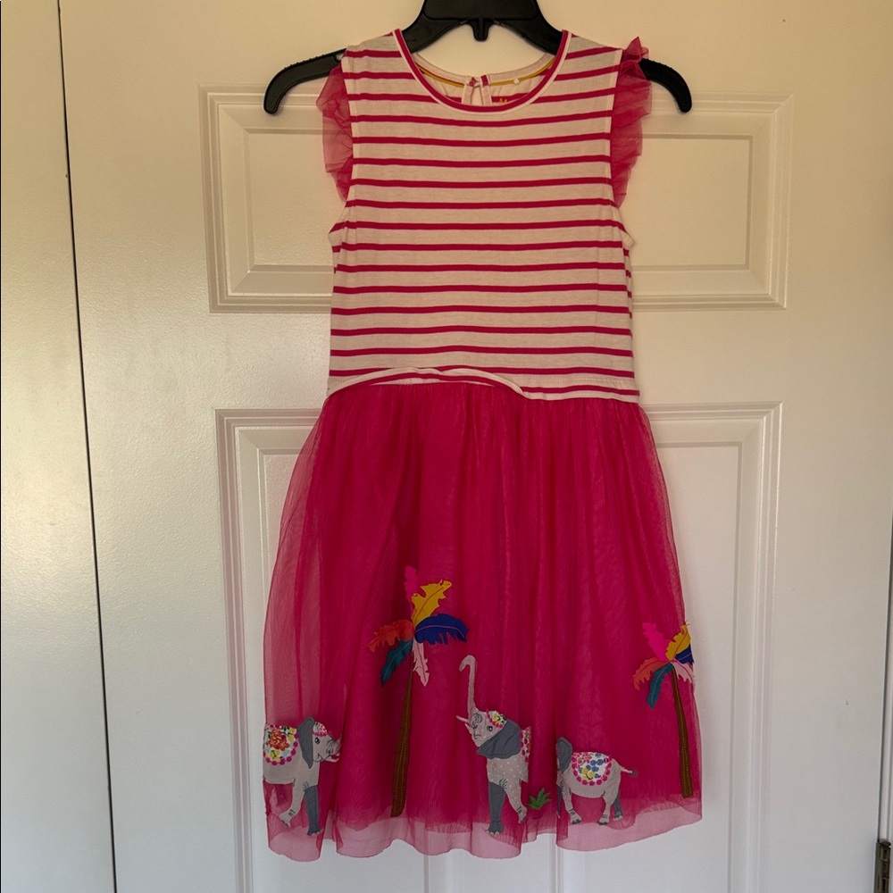 MiniBoden Pink Striped Tulle Dress with Elephant Design Size 9-10, Worn Twice